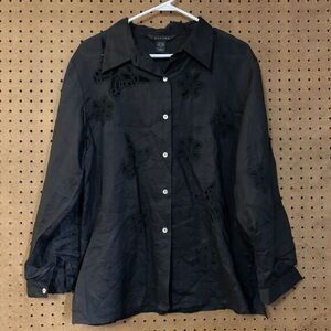 Silkland Button Down Shirt Black Butterfly Applique Lace Large Goth Fairy‎ Ramie